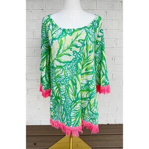 Lilly Pulitzer Medium Linen Pool Coverup Green Palm Print Pink Fringe Tunic